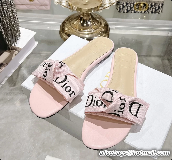 Shop Duplicate Dior Jadior Flat Slides Sandals Pink Embroidered Cotton 6063003