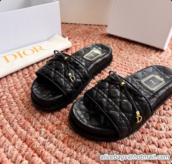 Classic Hot Dior Cannage Bow Platform Slides Sandals Black 6063004