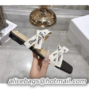 Grade Quality Dior Jadior Flat Sandals with Straps White Embroidered Cotton and Black Lambskin Leather 6063005