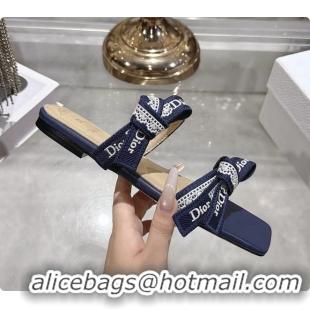 Best Grade Dior Jadior Flat Sandals with Straps Navy Blue Embroidered Cotton and Lambskin Leather 6063005