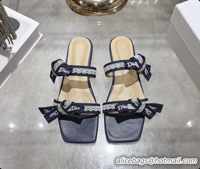 Best Grade Dior Jadior Flat Sandals with Straps Navy Blue Embroidered Cotton and Lambskin Leather 6063005