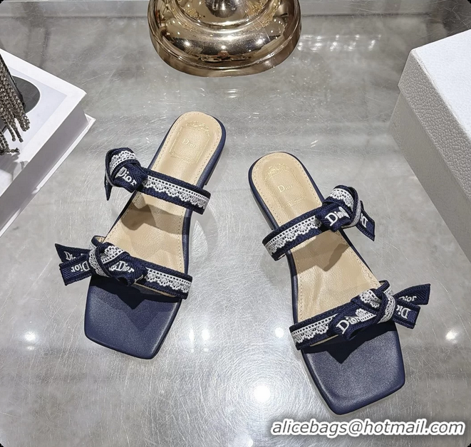 Best Grade Dior Jadior Flat Sandals with Straps Navy Blue Embroidered Cotton and Lambskin Leather 6063005