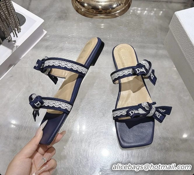 Best Grade Dior Jadior Flat Sandals with Straps Navy Blue Embroidered Cotton and Lambskin Leather 6063005