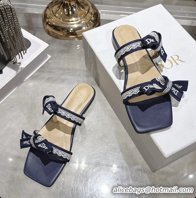 Best Grade Dior Jadior Flat Sandals with Straps Navy Blue Embroidered Cotton and Lambskin Leather 6063005
