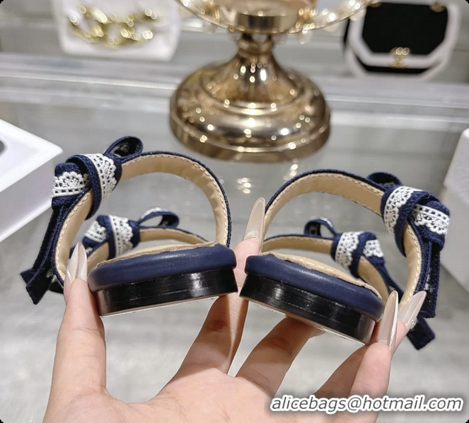 Best Grade Dior Jadior Flat Sandals with Straps Navy Blue Embroidered Cotton and Lambskin Leather 6063005