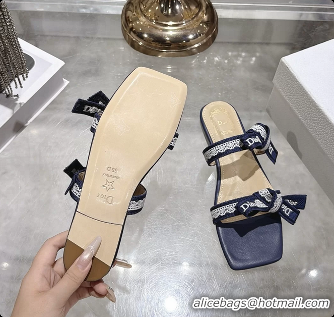 Best Grade Dior Jadior Flat Sandals with Straps Navy Blue Embroidered Cotton and Lambskin Leather 6063005