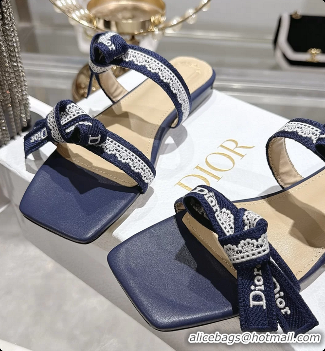 Best Grade Dior Jadior Flat Sandals with Straps Navy Blue Embroidered Cotton and Lambskin Leather 6063005