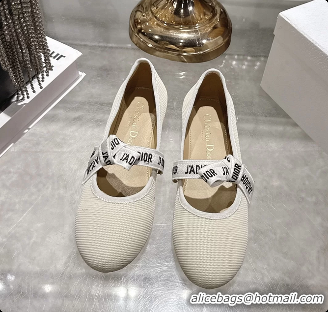 Good Quality Dior Miss Jadior Mary Janes Ballet Flat with Ribbon Latte Technical Fabric and Cotton 6063006