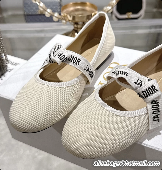 Good Quality Dior Miss Jadior Mary Janes Ballet Flat with Ribbon Latte Technical Fabric and Cotton 6063006