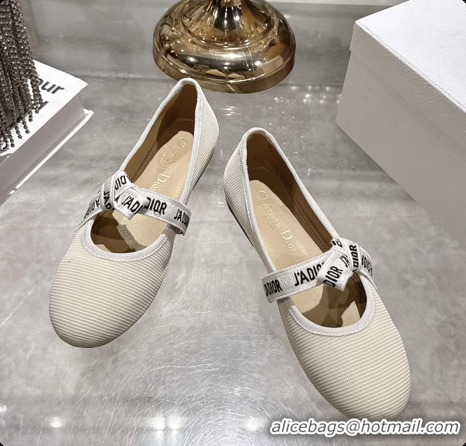 Good Quality Dior Miss Jadior Mary Janes Ballet Flat with Ribbon Latte Technical Fabric and Cotton 6063006