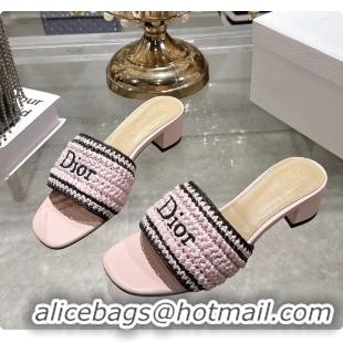 Top Design Dior Dioriviera Dior Woven Heeled Slides Sandals Pink Crocheted Raffia Effect Technical Fabric 45MM 6063007