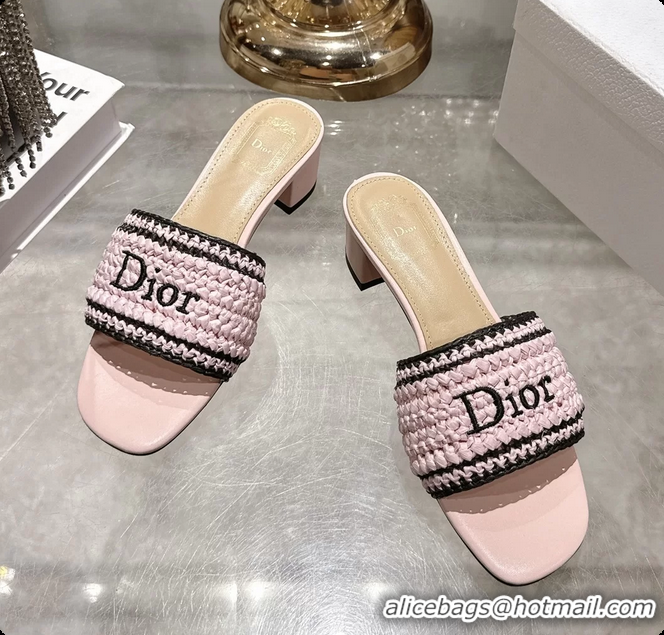 Top Design Dior Dioriviera Dior Woven Heeled Slides Sandals Pink Crocheted Raffia Effect Technical Fabric 45MM 6063007