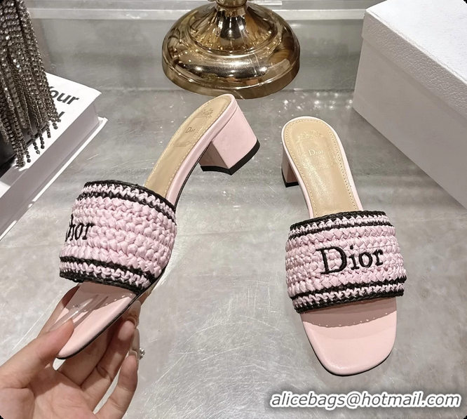 Top Design Dior Dioriviera Dior Woven Heeled Slides Sandals Pink Crocheted Raffia Effect Technical Fabric 45MM 6063007