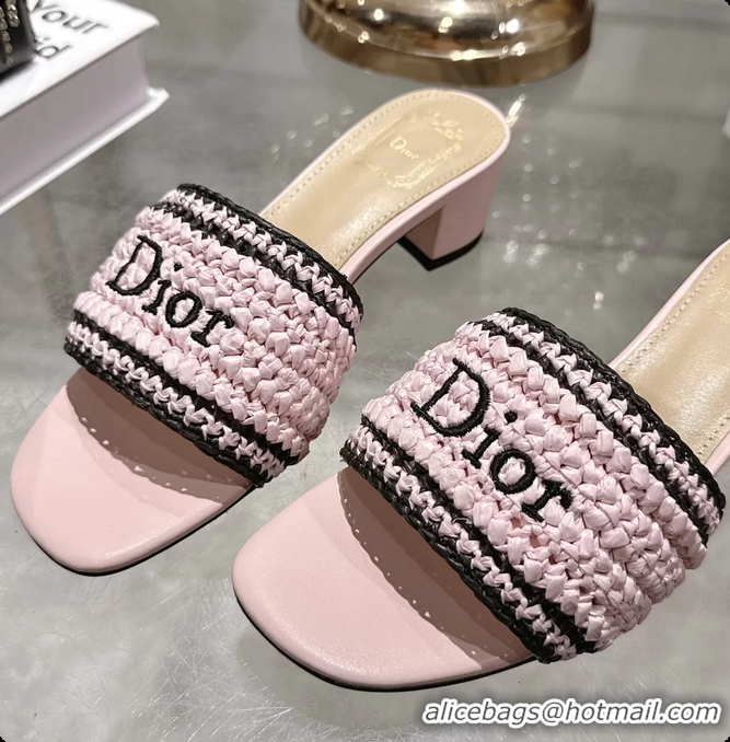 Top Design Dior Dioriviera Dior Woven Heeled Slides Sandals Pink Crocheted Raffia Effect Technical Fabric 45MM 6063007