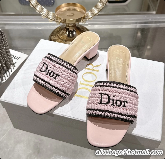 Top Design Dior Dioriviera Dior Woven Heeled Slides Sandals Pink Crocheted Raffia Effect Technical Fabric 45MM 6063007