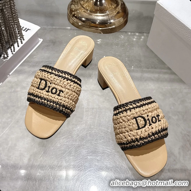 Top Grade Dior Dioriviera Dior Woven Heeled Slides Sandals Beige Crocheted Raffia Effect Technical Fabric 45MM 6063007