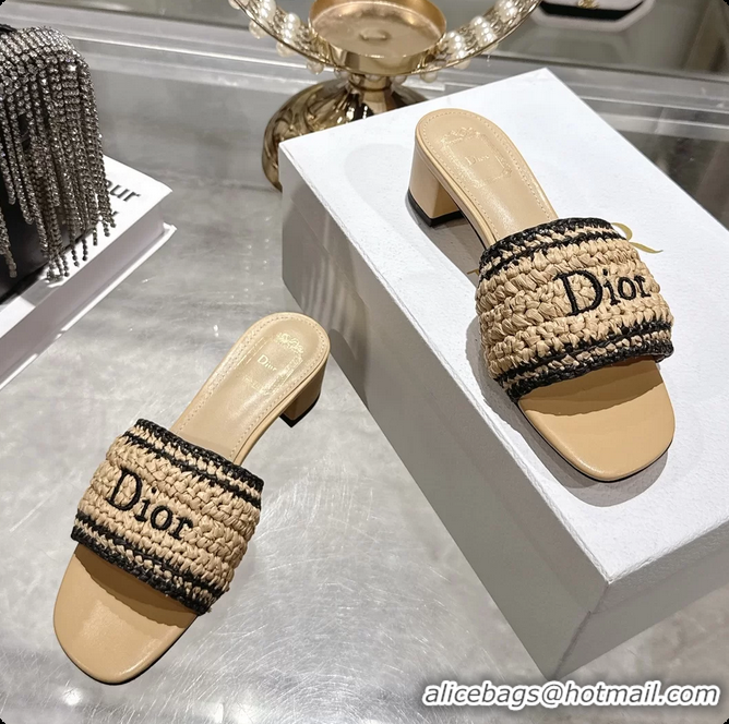Top Grade Dior Dioriviera Dior Woven Heeled Slides Sandals Beige Crocheted Raffia Effect Technical Fabric 45MM 6063007