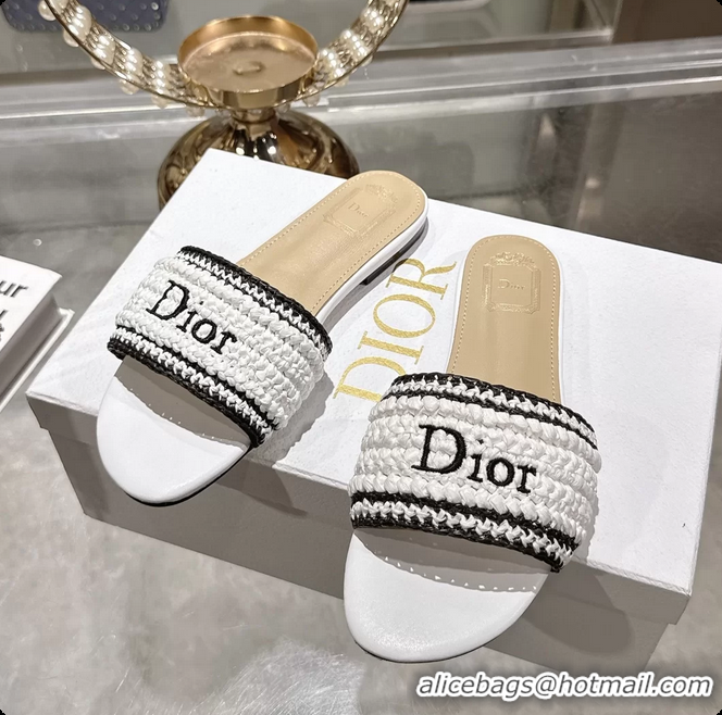 Good Looking Dior Dioriviera Dior Woven Flats Slides Sandals White Crocheted Raffia Effect Technical Fabric 6063008