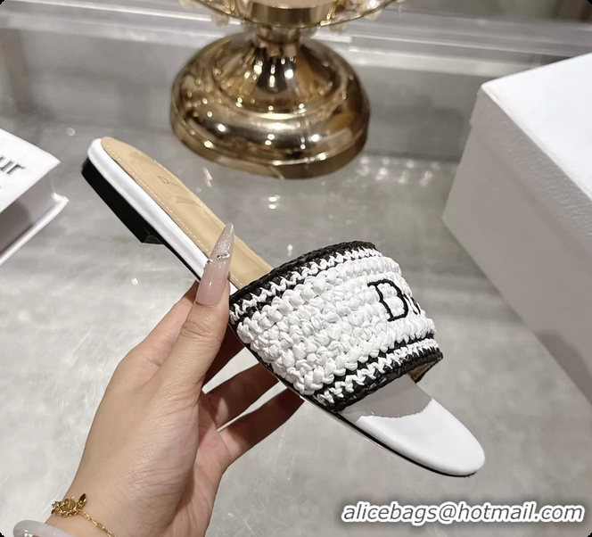 Good Looking Dior Dioriviera Dior Woven Flats Slides Sandals White Crocheted Raffia Effect Technical Fabric 6063008