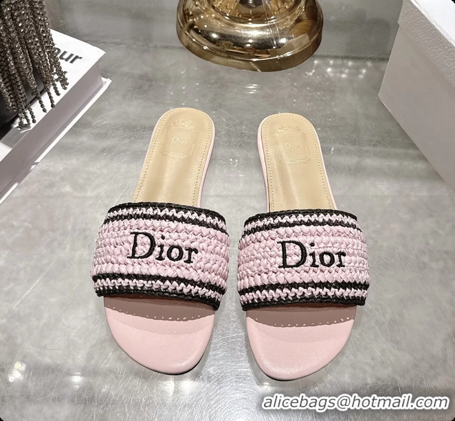 Durable Dior Dioriviera Dior Woven Flats Slides Sandals Pink Crocheted Raffia Effect Technical Fabric 6063008