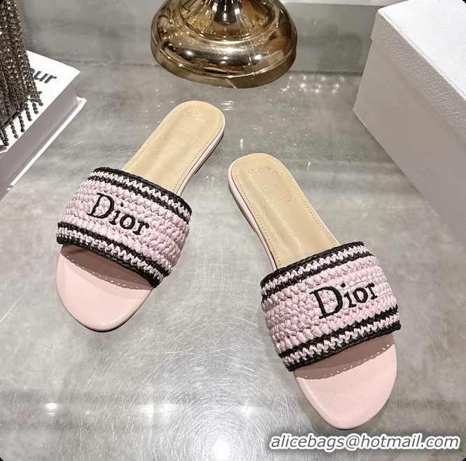 Durable Dior Dioriviera Dior Woven Flats Slides Sandals Pink Crocheted Raffia Effect Technical Fabric 6063008