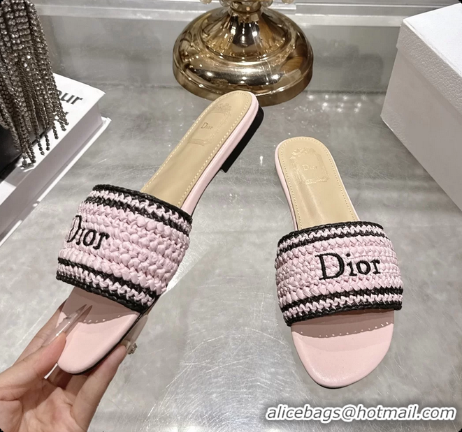 Durable Dior Dioriviera Dior Woven Flats Slides Sandals Pink Crocheted Raffia Effect Technical Fabric 6063008