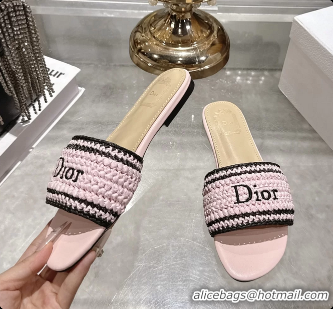 Durable Dior Dioriviera Dior Woven Flats Slides Sandals Pink Crocheted Raffia Effect Technical Fabric 6063008