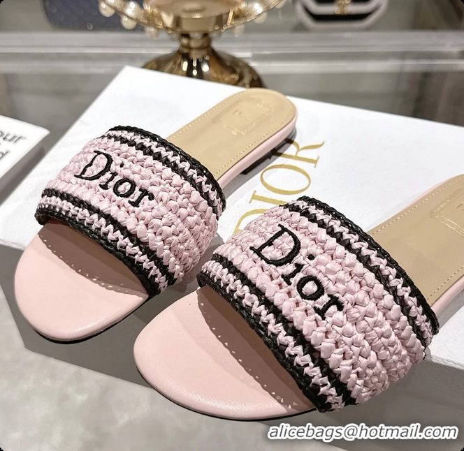 Durable Dior Dioriviera Dior Woven Flats Slides Sandals Pink Crocheted Raffia Effect Technical Fabric 6063008