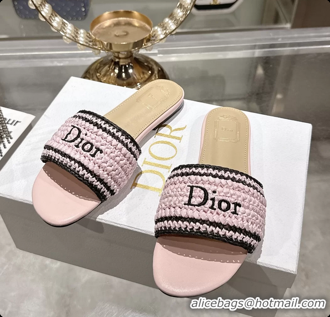 Durable Dior Dioriviera Dior Woven Flats Slides Sandals Pink Crocheted Raffia Effect Technical Fabric 6063008