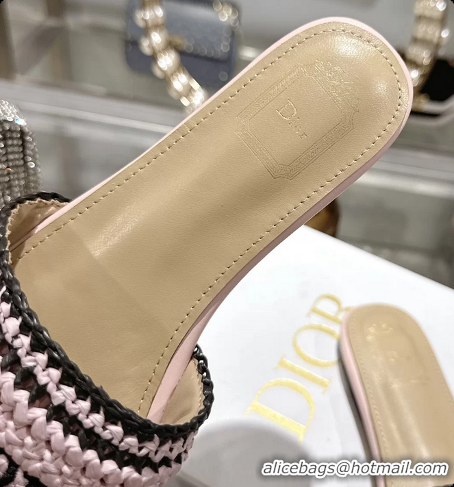 Durable Dior Dioriviera Dior Woven Flats Slides Sandals Pink Crocheted Raffia Effect Technical Fabric 6063008
