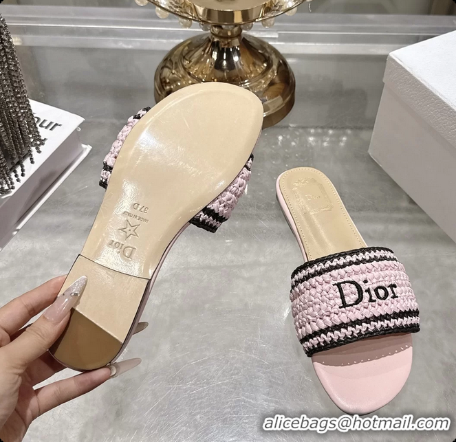 Durable Dior Dioriviera Dior Woven Flats Slides Sandals Pink Crocheted Raffia Effect Technical Fabric 6063008