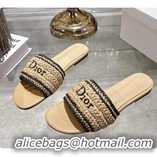 Unique Style Dior Dioriviera Dior Woven Flats Slides Sandals Beige Crocheted Raffia Effect Technical Fabric 6063008