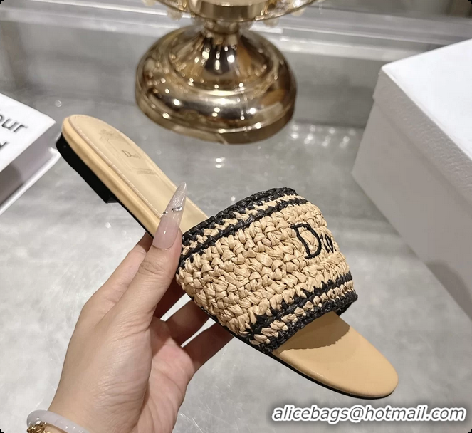 Unique Style Dior Dioriviera Dior Woven Flats Slides Sandals Beige Crocheted Raffia Effect Technical Fabric 6063008