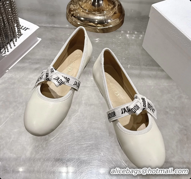 Low Price Dior Miss Jadior Mary Janes Ballet Flat with Ribbon Latte Calfskin Leather 6063009