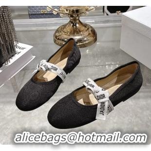 Popular Style Dior Miss Jadior Mary Janes Ballet Flat with Ribbon Black Technical Fabric and Cotton 6063009