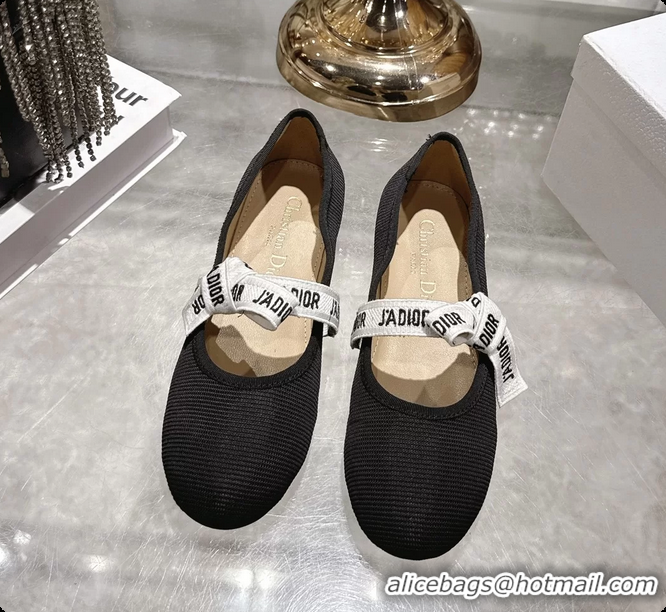 Popular Style Dior Miss Jadior Mary Janes Ballet Flat with Ribbon Black Technical Fabric and Cotton 6063009