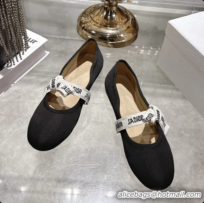 Popular Style Dior Miss Jadior Mary Janes Ballet Flat with Ribbon Black Technical Fabric and Cotton 6063009