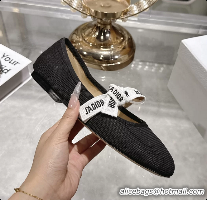 Popular Style Dior Miss Jadior Mary Janes Ballet Flat with Ribbon Black Technical Fabric and Cotton 6063009