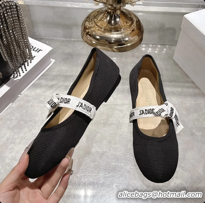 Popular Style Dior Miss Jadior Mary Janes Ballet Flat with Ribbon Black Technical Fabric and Cotton 6063009