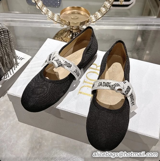 Popular Style Dior Miss Jadior Mary Janes Ballet Flat with Ribbon Black Technical Fabric and Cotton 6063009