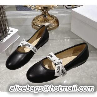 Good Product Dior Miss Jadior Mary Janes Ballet Flat with Ribbon Black Calfskin Leather 6063009