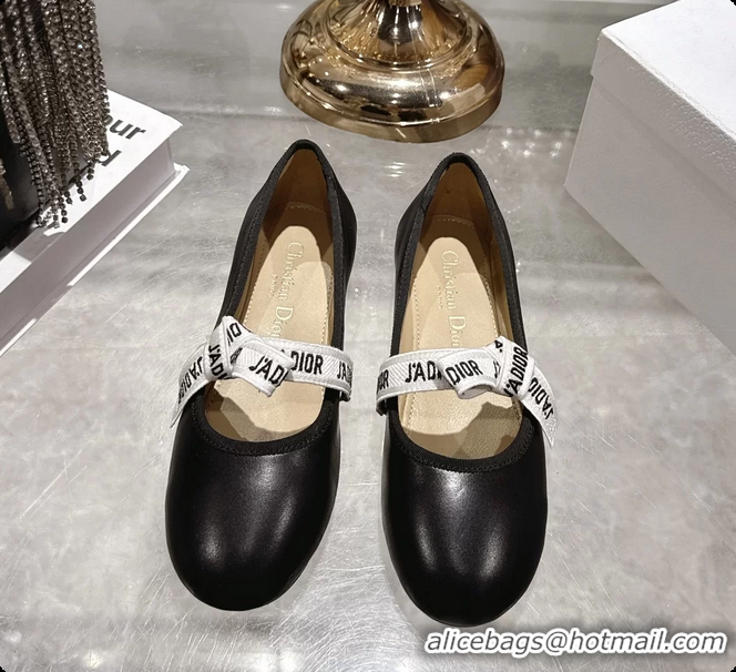 Good Product Dior Miss Jadior Mary Janes Ballet Flat with Ribbon Black Calfskin Leather 6063009