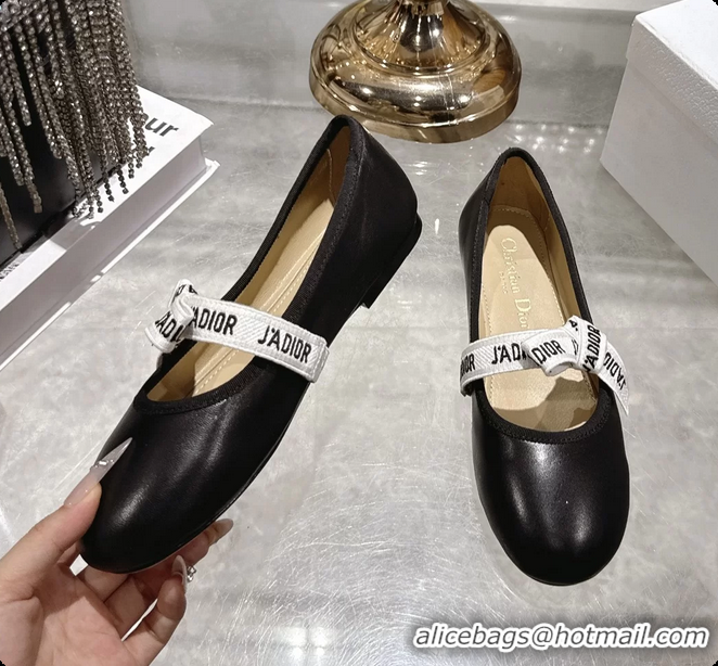 Good Product Dior Miss Jadior Mary Janes Ballet Flat with Ribbon Black Calfskin Leather 6063009