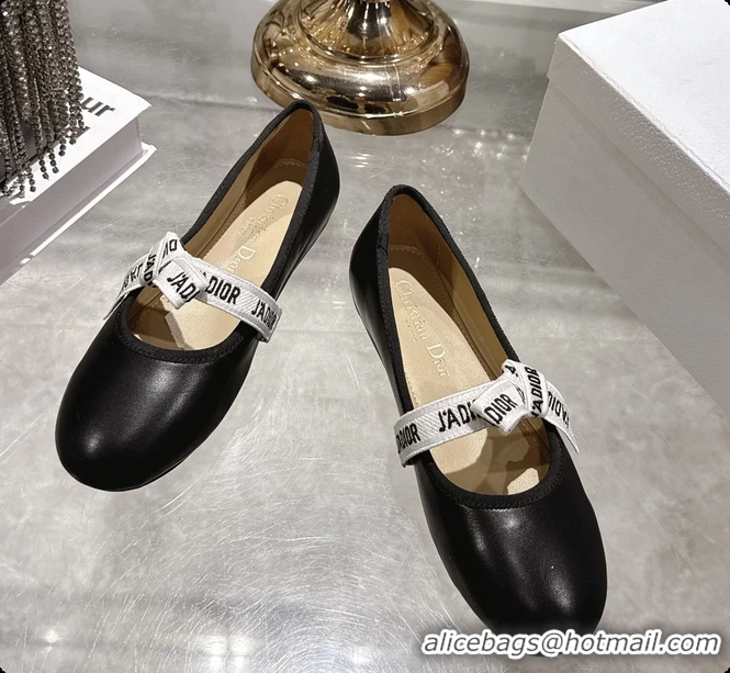 Good Product Dior Miss Jadior Mary Janes Ballet Flat with Ribbon Black Calfskin Leather 6063009