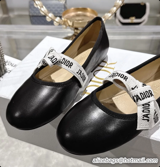 Good Product Dior Miss Jadior Mary Janes Ballet Flat with Ribbon Black Calfskin Leather 6063009