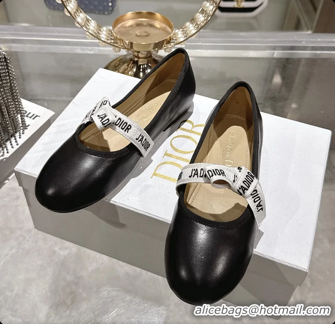 Good Product Dior Miss Jadior Mary Janes Ballet Flat with Ribbon Black Calfskin Leather 6063009