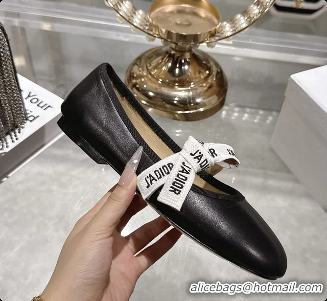 Good Product Dior Miss Jadior Mary Janes Ballet Flat with Ribbon Black Calfskin Leather 6063009