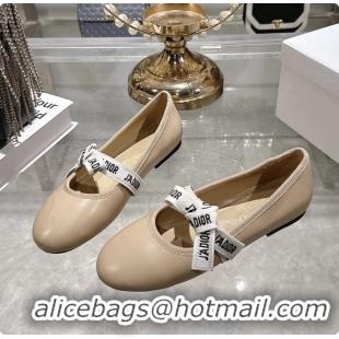 Most Popular Dior Miss Jadior Mary Janes Ballet Flat with Ribbon Beige Calfskin Leather 6063009