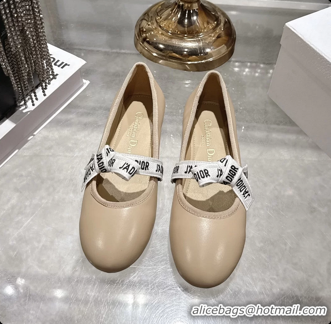 Most Popular Dior Miss Jadior Mary Janes Ballet Flat with Ribbon Beige Calfskin Leather 6063009