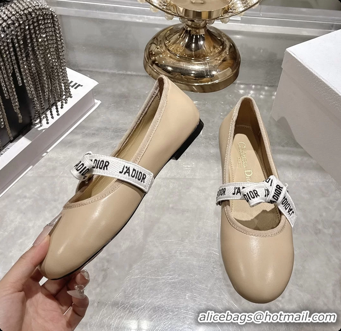 Most Popular Dior Miss Jadior Mary Janes Ballet Flat with Ribbon Beige Calfskin Leather 6063009